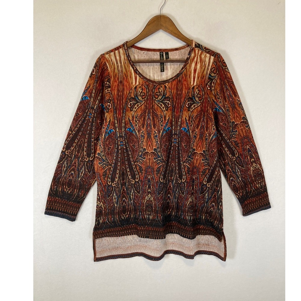 Art To Wear Allie & Rob Women 1X Rust Paisley High-Low 3/4 Sleeve Knit Tunic Top